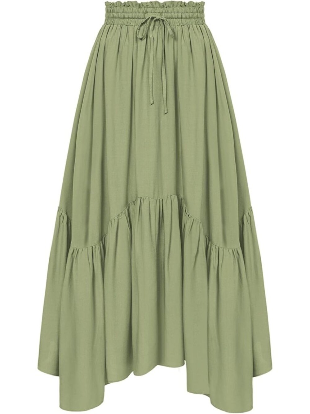 Women Light Green Drawstring Renaissance Boho Flowy Asymmetric Tiered Maxi Skirt